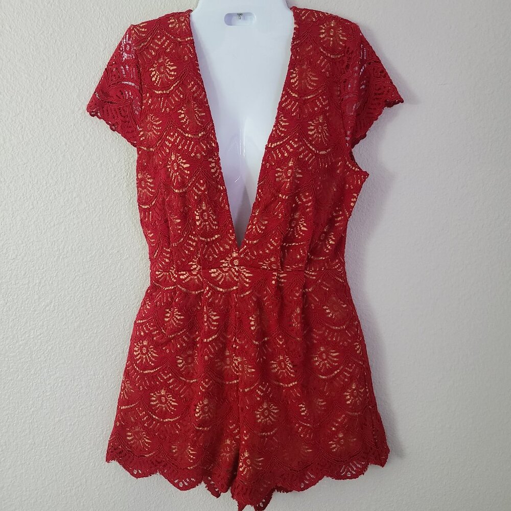 Maddy...K women's red laced deep v neck romper S